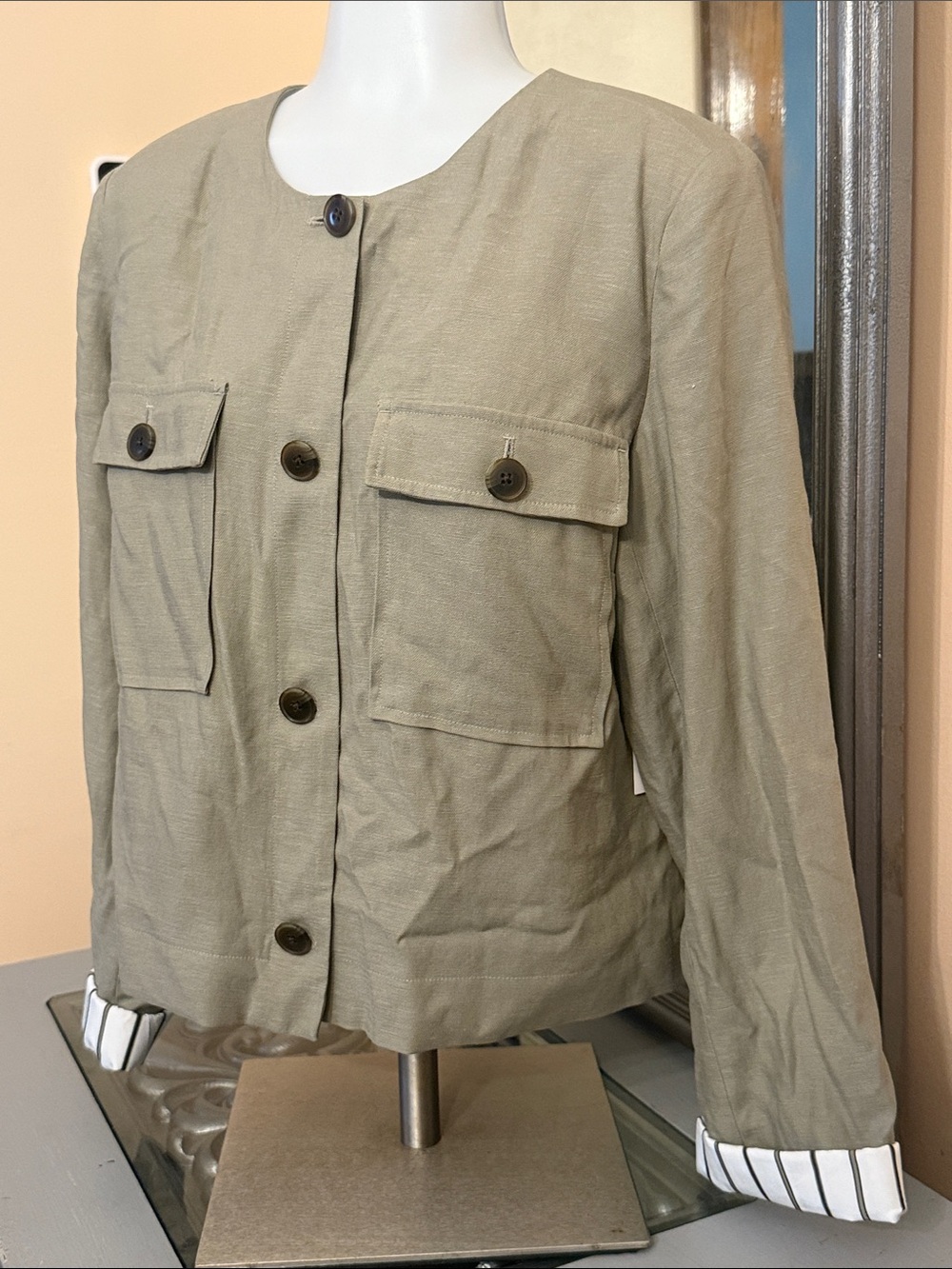 Nine West Large Linen Blend Green Boxy Utility Jacket with Button Pockets
